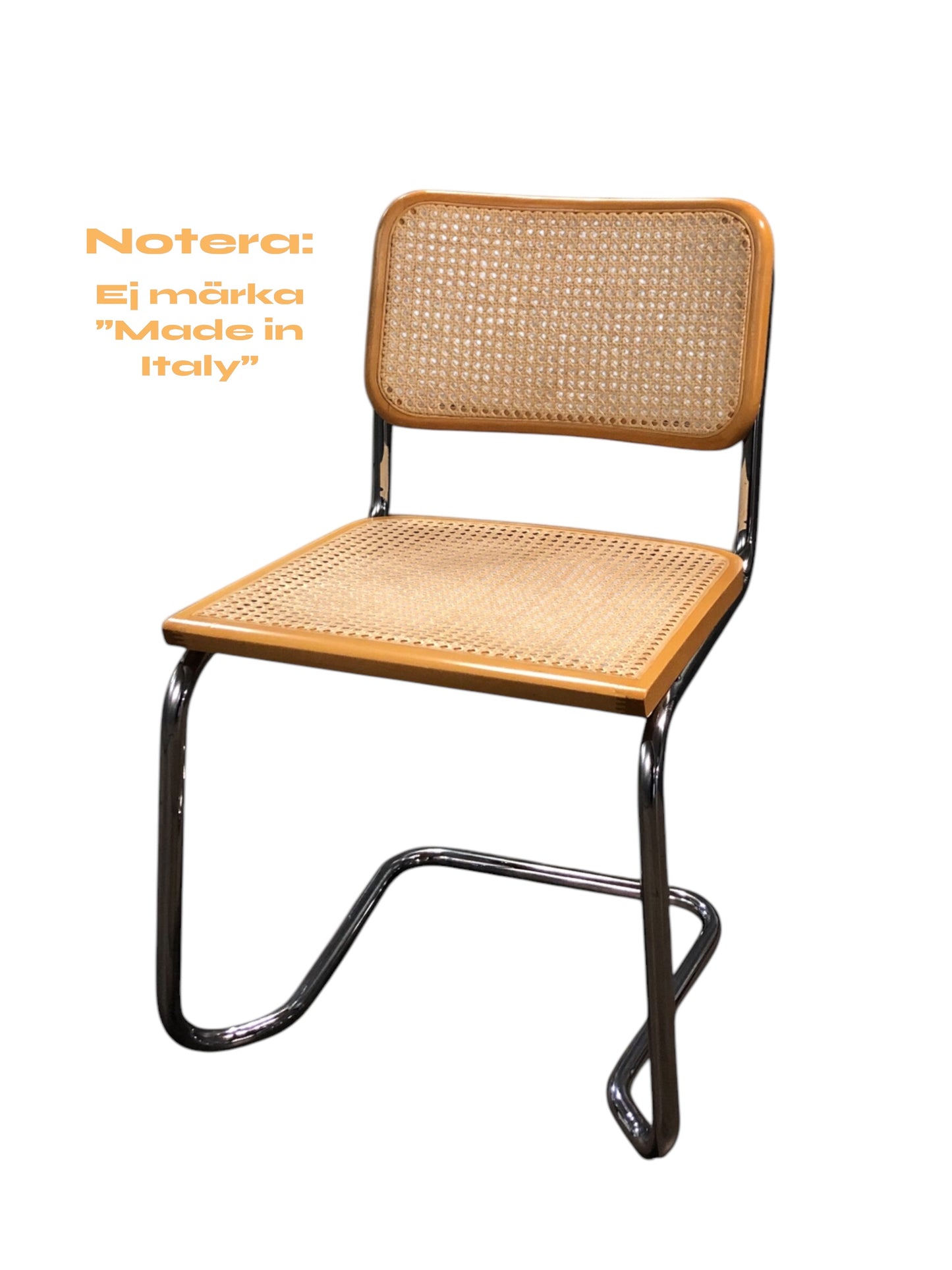 Rottingstol Klassisk Bauhausstolar med sits och rotting rygg.
Sits märkt "Made in italy".
Bra begagnat skick och stapelbar. Cesca stol med flätad rotting. Designstol i klassisk stil.
Designstol Frisvinger karmstol i klassiska design.
Höjd: ca 84,5 cm
Bredd: ca 48 cm
Djup: ca 52cm
Sitthöjd: ca 49 cm